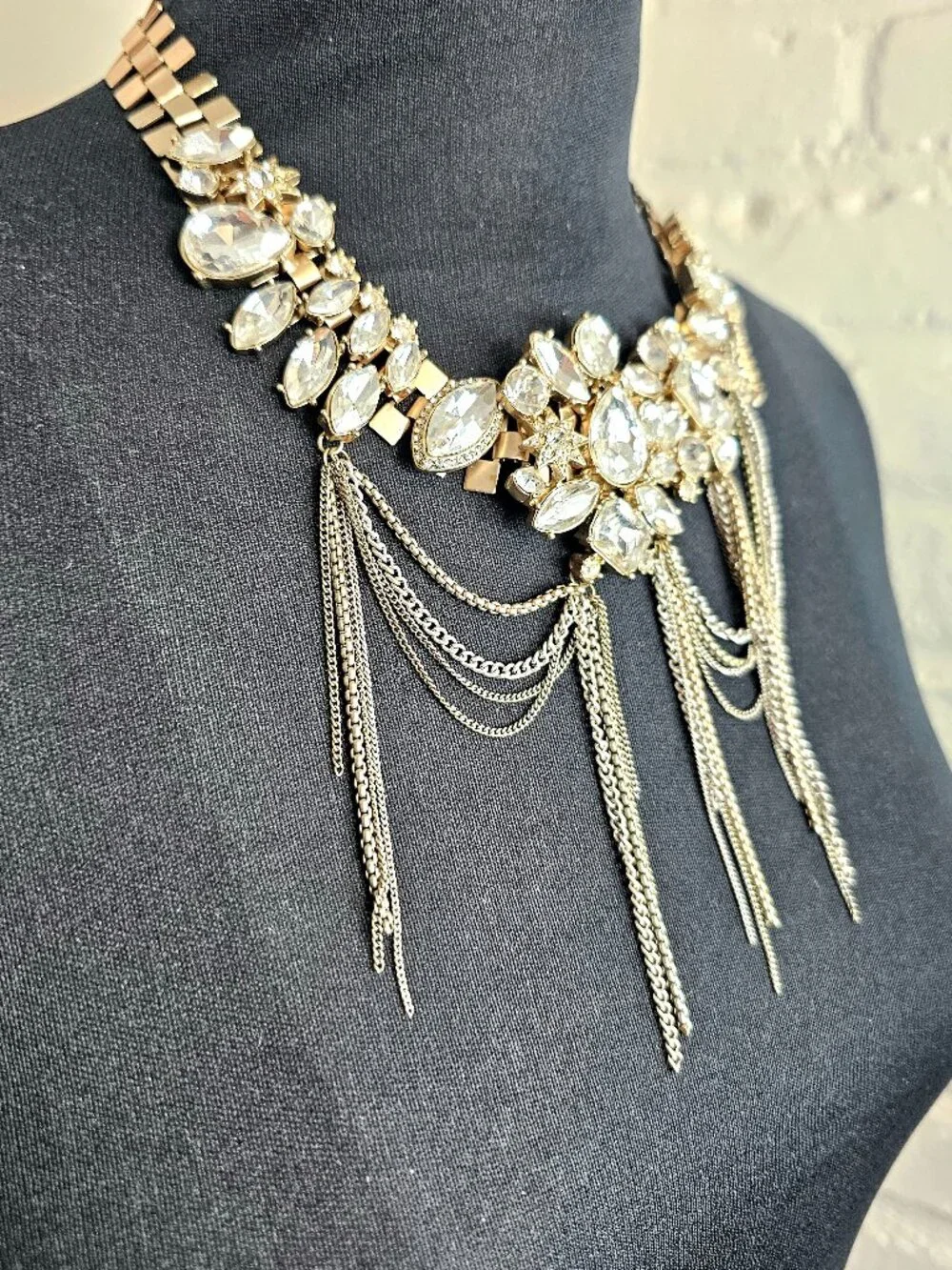 Banana Republic Crystal Cluster Chain Fringe Bib Choker Gold Tone Statement Neck - Picture 6 of 7